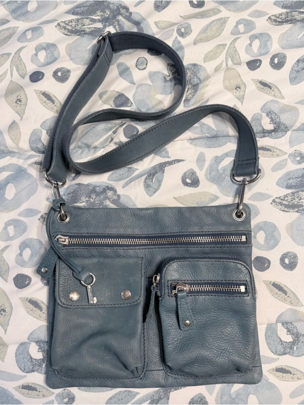 Fossil Slate Blue Leather Multi-Pocket Crossbody Bag